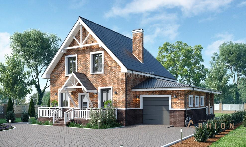 2. Проект одноэтажного дома в европейском стиле с двускатной кровлей, t-34-01, площадью - 152 кв c мансардой, терассой, гаражом